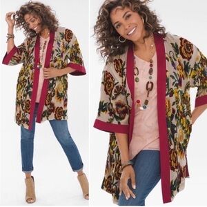Chico’s Heritage print Floral Open-Front Kimono Cardigan with Magenta Trim